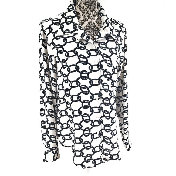 LARSEN GRAY LS Crepe Chiffon Button Front Chain Print Blouse Top L - Picture 5 of 5